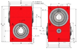 Drawing of Right angle crossed axis helical gearbox reducer bore input and output compact design made by Ondrives Precision Gears and Gearboxes