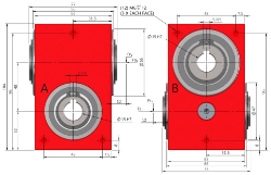 Drawing of Right angle crossed axis helical gearbox reducer bore input and output compact design made by Ondrives Precision Gears and Gearboxes