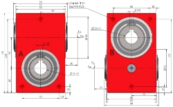 Drawing of Right angle crossed axis helical gearbox reducer bore input and output compact design made by Ondrives Precision Gears and Gearboxes