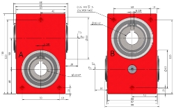 Drawing of Right angle crossed axis helical gearbox reducer bore input and output compact design made by Ondrives Precision Gears and Gearboxes