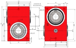 Drawing of Right angle crossed axis helical gearbox reducer bore input and output compact design made by Ondrives Precision Gears and Gearboxes