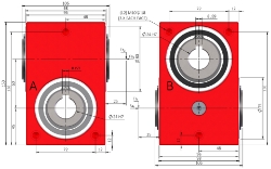 Drawing of Right angle crossed axis helical gearbox reducer bore input and output compact design made by Ondrives Precision Gears and Gearboxes