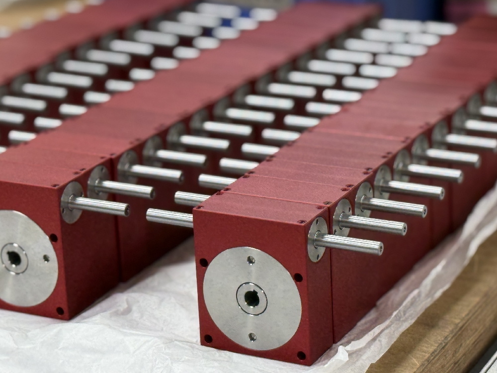 Precision shaft input worm gear units undergoing final assembly and inspection at Ondrives Ltd UK manufacturing facility.