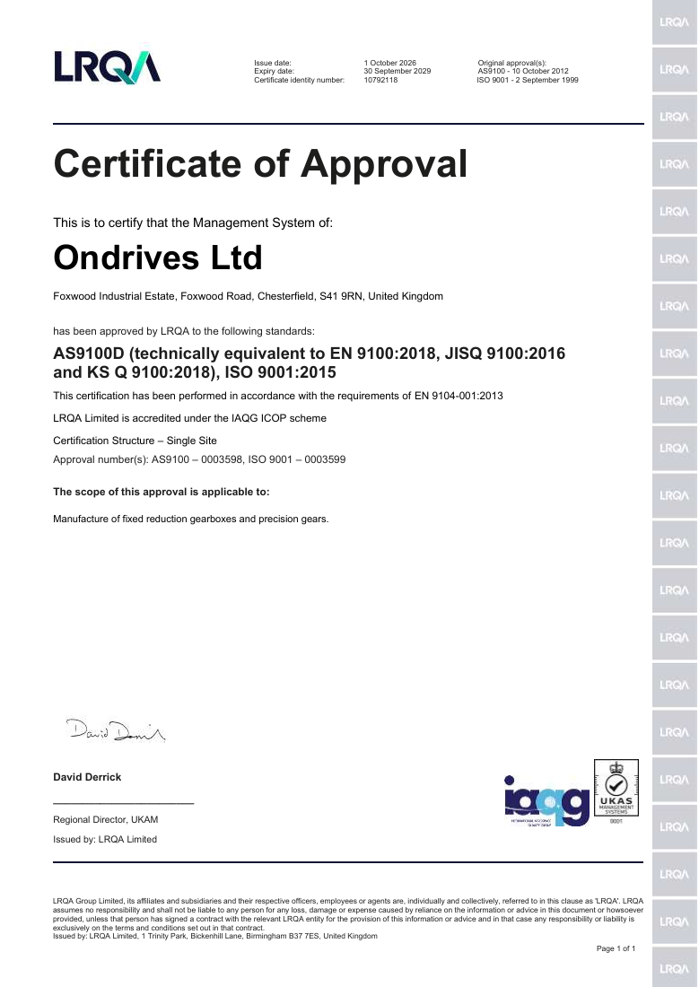 Ondrives Ltd LRQA Certificate of Approval, issued 1 October 2026